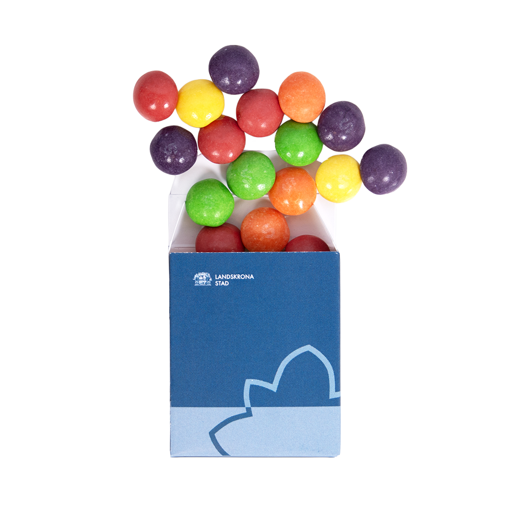 Blå tablettask med skittles frukt