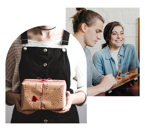 Tv&aring; bilder: den f&ouml;rsta visar en person som h&aring;ller i en present; den andra visar en leende kvinna bredvid en man som tittar ner p&aring; sin mobil.